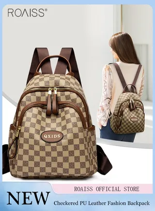 Women's Casual And Fashionable Plaid Pu Leather Backpack Adjustable Shoulder Strap With Multiple Pockets  Large Capacity Waterproof Backpack 