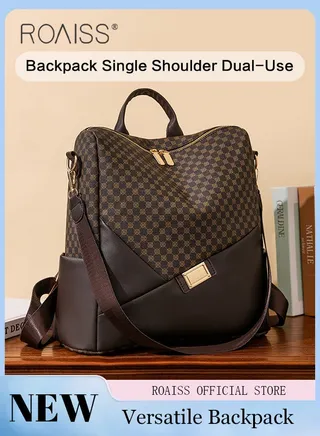 Large Capacity Geometric Printed Backpack for Women Vintage Portable Durable Bags for Outdoors or Work Commuting with Multiple Pockets Ladies Shoulder or Crossbody Dual-Use Casual PU Leather Daypack 