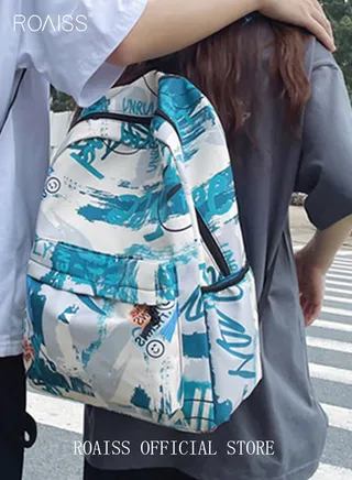 Trendy Graffiti Style Backpack  Large Capacity Durable Smooth Zipper Comfortable Fabric Adjustable Shoulder Strap 