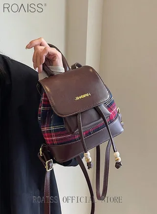 Women Mini Backpack Black and Red Color Scheme with Plaid Decoration Simple and Stylish Flap Design with Drawstring Closure for Double Security and Anti Theft Protection Ideal for School and Commuting 