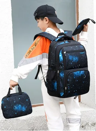 Casual Primary Junior  School Backpacks Durable Lightweight Bookbag Breathable Daypack Set Space Starry Sky Knapsack with Lunch Bag 