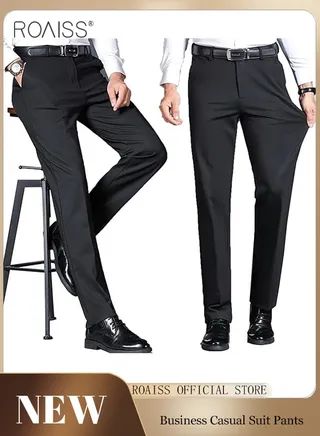Men's Fashion Casual Business Pants Summer Light Thin High Elastic Pure Black Suit Pants With Pockets On Both Sides 