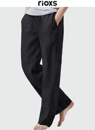 Men's Linen Pants Elastic Waist Drawstring Cotton Loose Lightweight Casual Pants Yoga Beach Trousers With Two Side Pockets 