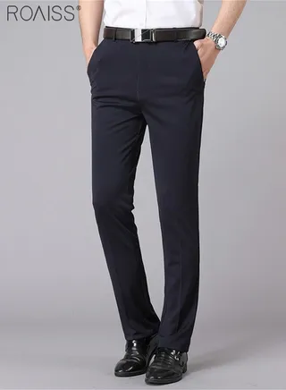 Men's Fashion Casual Business Pants Summer Light Thin High Elastic Pure Black Suit Pants With Pockets On Both Sides Straight Pants 