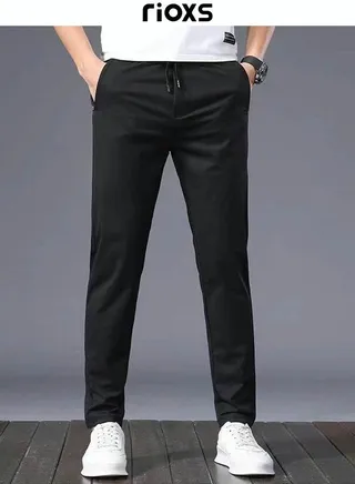 Men's Sports Pants Drawstring Elastic Waist Casual Straight Leg Trousers Slim Fit Pants With Two Side Pockets 