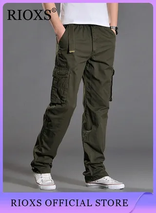Men's Cargo Pants Elastic Waist Drawstring Trousers Full Length Breathable Pants With Multi Pockets 