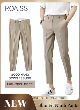 Men's Suit Pants Straight-Leg Slacks Cropped Pants with Elastic Waist and Good Hang Down Feeling 