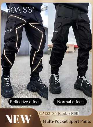 Fashion Print Men Cargo Trousers  Multiple Pocket Design  Sports Trousers Reflective Tape Design  Velcro Feet Breathable Fabric  Solid Color 