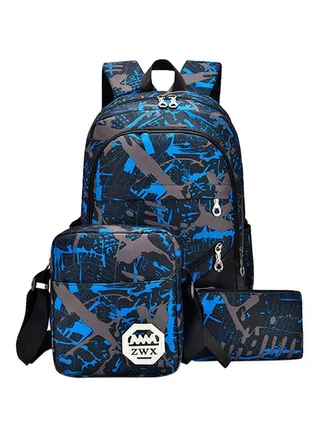 3-Piece Brief Capacity Preppy Backpack Set Blue/Black/Grey 