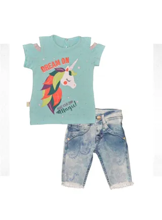 Girls Denim Pants & off Shoulder Blouse Unicorn Print 