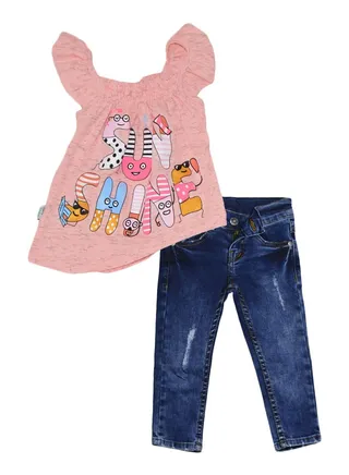 Girls Denim Pants & off Shoulder Blouse Sunshine Print 