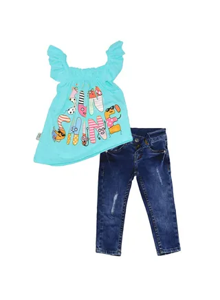 Girls Denim Pants & off Shoulder Blouse Sunshine Print 