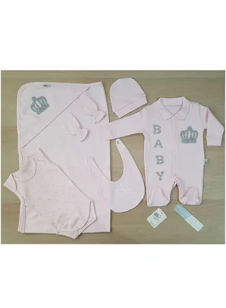 Summer set for a newborn in the hospital, consisting of 7 pieces in a box, crown model, pink color 