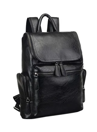 Zip Closure Leather Backpack Black 
