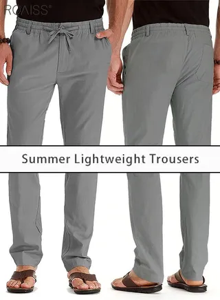 Men'S Casual Solid Color Pants Loose Drawstring Waist Elastic Design Cotton Versatile Trousers 