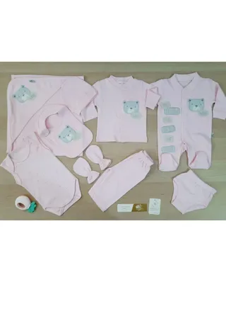 Cotton set for a newborn baby in the hospital, consisting of ten pieces in a box, bear and square model, pink color 