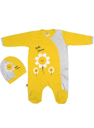Baby Sunflower Jumpsuit footed with Beanie set 