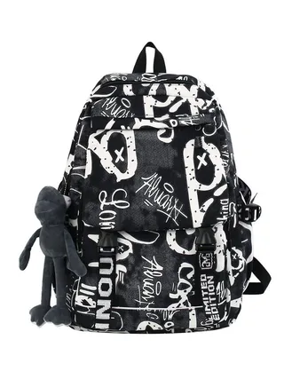 Trendy Graffiti Style Backpack Large Capacity Durable Smooth Zipper Comfortable Fabric Adjustable Shoulder Strap 