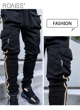 Fashion Print Men Cargo Trousers Multiple Pocket Design Sports Trousers Reflective Tape Design Velcro Feet Breathable Fabric Solid Color 