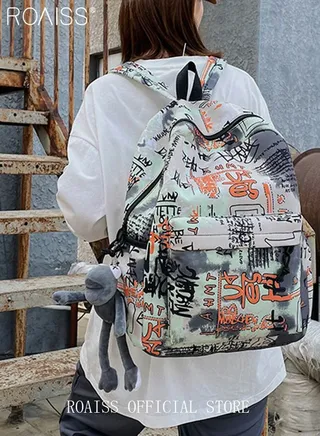 Unisex Colorblock Graffiti Backpack Casual School Bag Personality All-match Leisure Colorful Bookbag for Girls Boys Middle High College Student Travel 