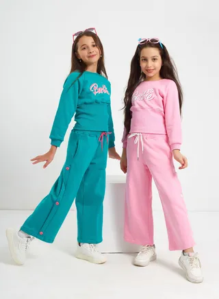 Girls  Printed Cotton Set of sweatshirt and pants-Green 