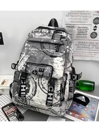 Trendy Graffiti Style Backpack Large Capacity Durable Smooth Zipper Comfortable Fabric Adjustable Shoulder Strap 