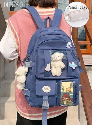 School Backpack with Pencil Case and  Doll Pendant Waterproof Book Bag with Compartments for Teen Kid Students Elementary School Kids' School Bag With Large Capacity 