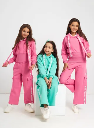 Girls  Printed Cotton Set of sweatshirt and pants-Fushia 