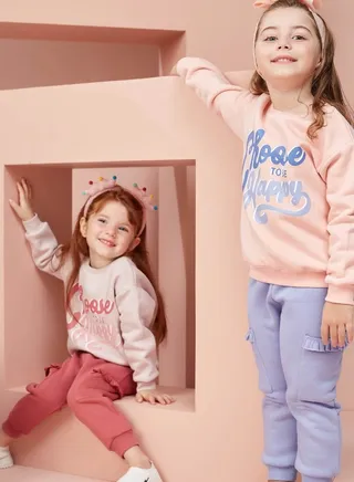 Girls  Printed Cotton Set of sweatshirt and pants - Rose & Burgundy 