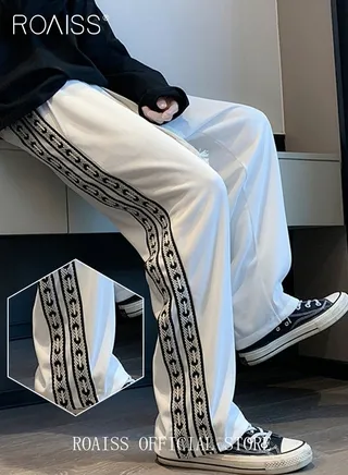 Student Sweatpants Side Ribbon Knit Straight and Loose Fit Casual Pants 