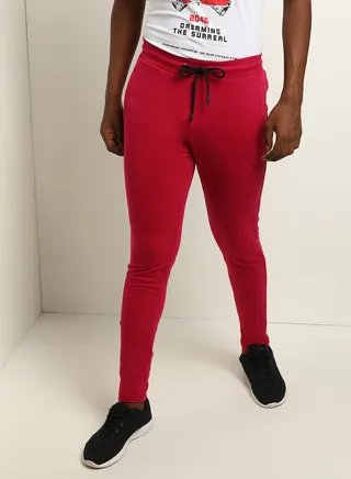 Skinny Fit Mid-Rise Knitted Ribbed Plain Sweatpants Dark Pink 