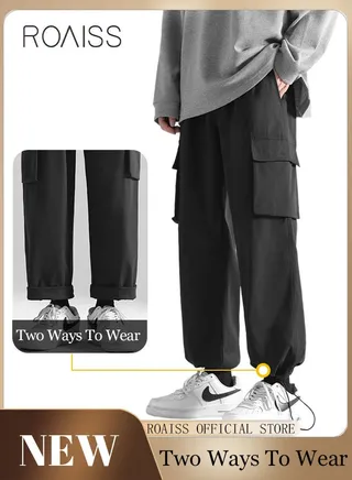Men's Cargo Cropped Pants Straight Fit Ankle-Tied with Elastic Drawstring and Multiple pockets Casual Pants Suitable for Various Body Types 