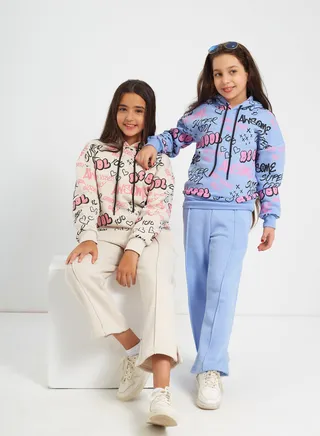 Girls  Printed Cotton Set of sweatshirt and pants-Biege 