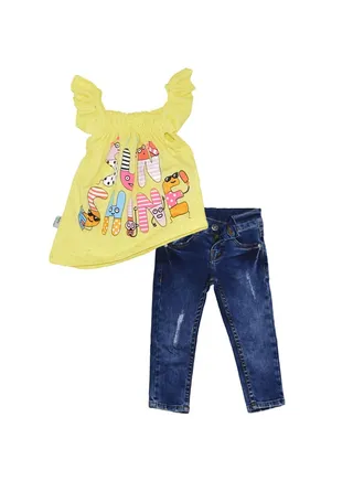 Girls Denim Pants & off Shoulder Blouse Sunshine Print 