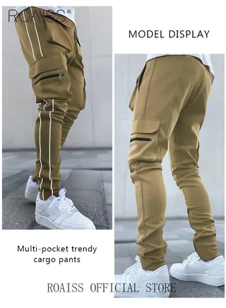 Fashion Print Men Cargo Trousers  Multiple Pocket Design  Sports Trousers Reflective Tape Design  Velcro Feet Breathable Fabric  Solid Color 