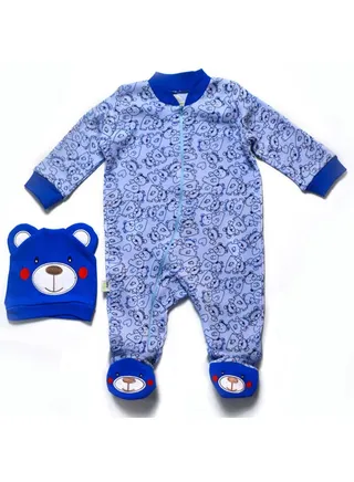 Baby All Over Printed Bear Footed Jumpsuit with beanie set 