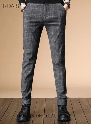 Men Straight Leg Slim Fit Trousers  Elastic Slimming Effect Pilling Free & Colorfast Mid Rise & Tummy Control No Crotch Binding 
