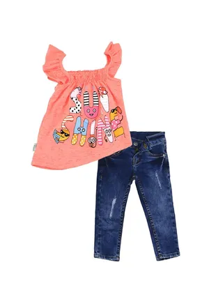 Girls Denim Pants & off Shoulder Blouse Sunshine Print 
