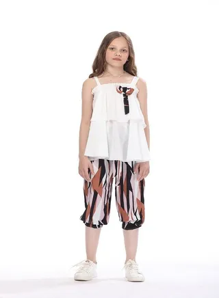 sleeveless white Tshirt with multicolor Bermuda for girls 