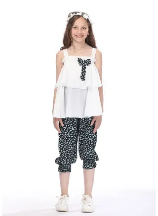 sleeveless white Tshirt with Black & Blue bermuda for girls 