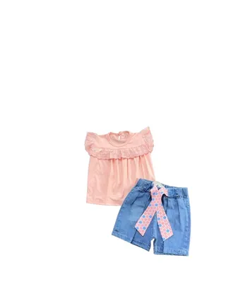 Girls two-piece set, pink blouse and denim shorts 