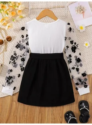 Contrast girls' T-shirt with flower print, mesh puff skirt and belt skirt 