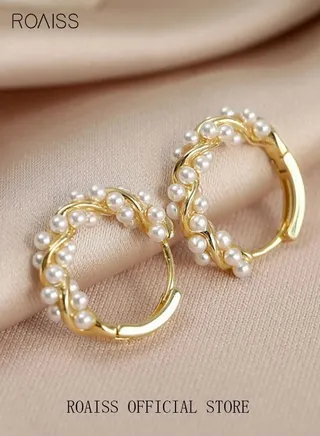 1 Pair of Pearls Earrings Baroque Simple Fashion Ins Style Sweet Exquisite Elegant Alloy Dangle Ear Drop Hoops Studs Gift for Women Ladies Girls Golden 