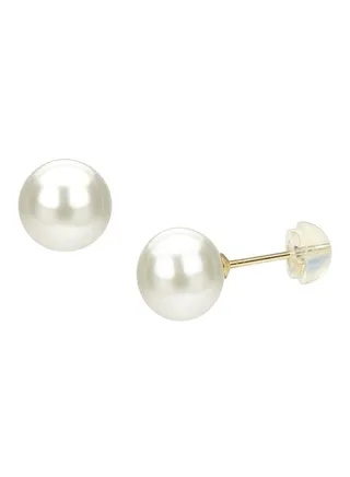 18K Solid Gold 7-7.5mm White AAA Freshwater Pearl Stud Earrings 