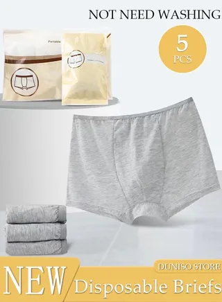 5PCS Men's Disposable Briefs 100% Cotton Disposable Underwear  Mid Waist Panties for Business Travel Hospital Stays Underpants Grey 