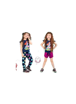 Girls' set consisting of 3 pieces of a T-shirt, Dark Blue  pants, and fuchsia shorts 