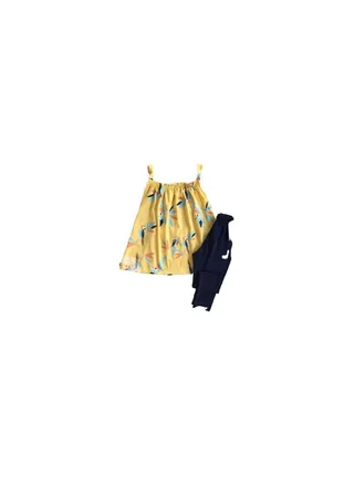Girls' set consisting of a yellow blouse with drawings and dark blue pants 