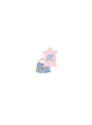 Girls' outing set consisting of a pink T-shirt and jeans shorts 