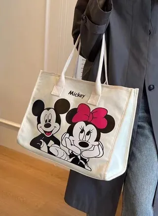 Cartoon Disney Mickey Mouse One Shoulder Canvas Bag Large Shopping Bag Travel Bag Inside with Zipper and Small Pocket 