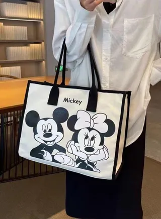 Cartoon Disney Mickey Mouse One Shoulder Canvas Bag Large Shopping Bag Travel Bag Inside with Zipper and Small Pocket 